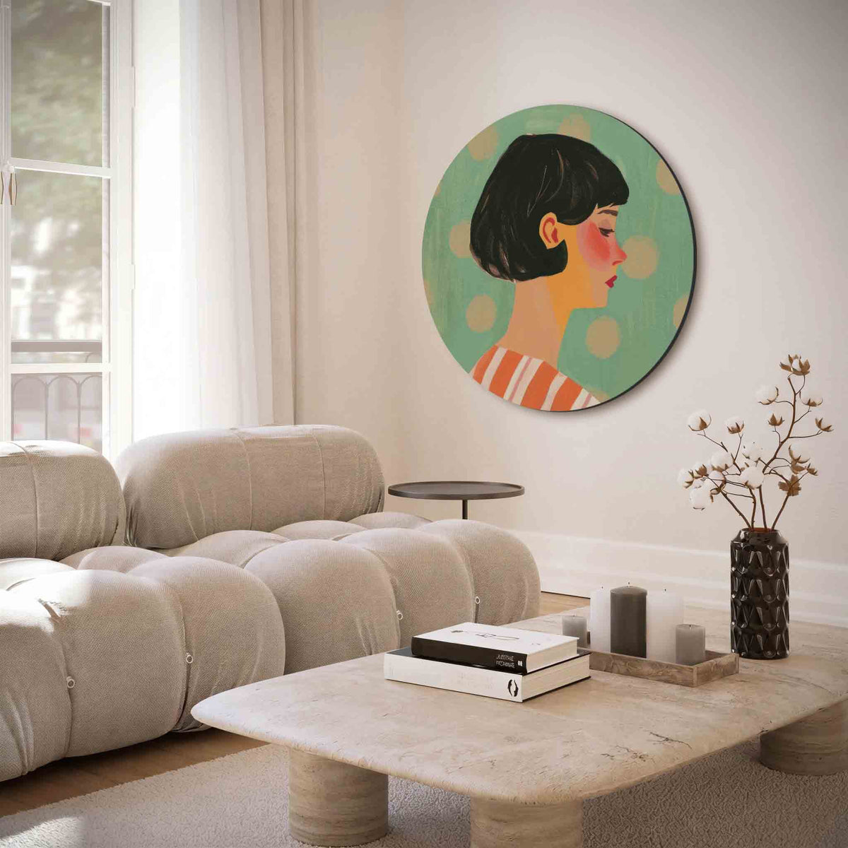 Portret met groene achtergrond – muurcirkel met abstracte texturen voor aan de muur