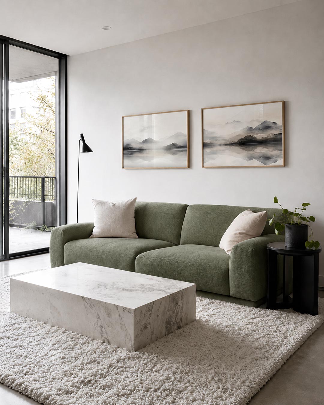 Tweedelige posterset met een berglandschap met mist en reflecties in het water, getoond in een interieur
