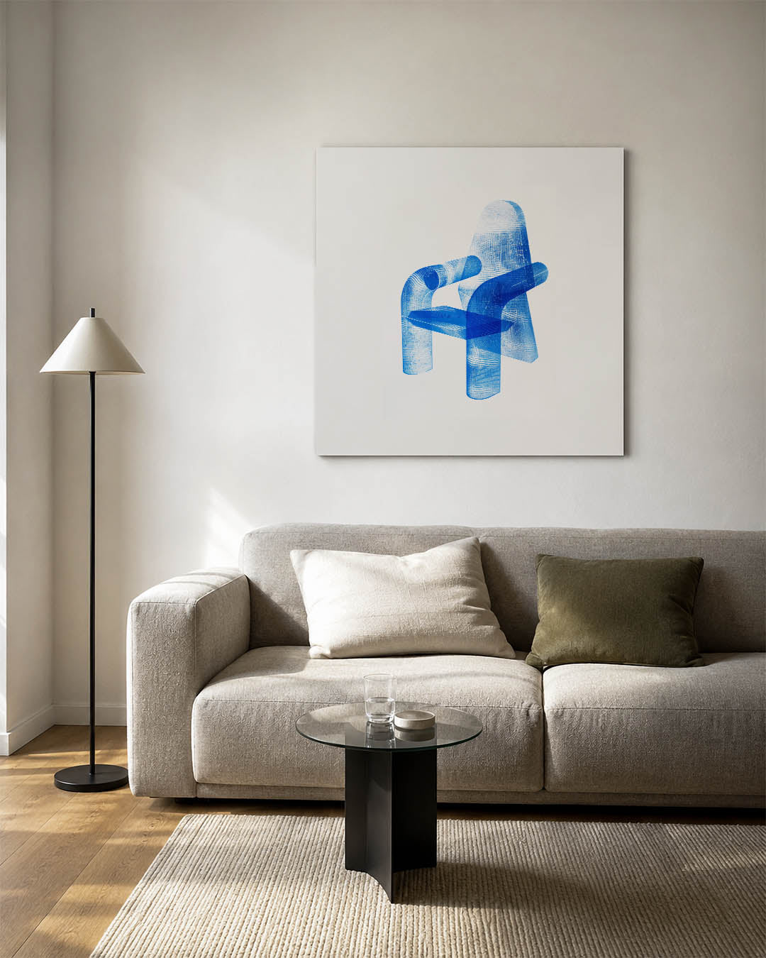 Transparante stoelvorm kunstwerk – vierkante wanddecoratie – dit kunstwerk toont een transparante stoelvorm in blauw, met