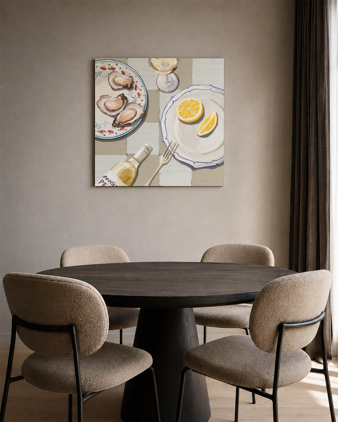 Eettafel compositie kunstwerk – vierkante wanddecoratie – dit werk toont een sfeervolle eettafel met oesters, citroen en een