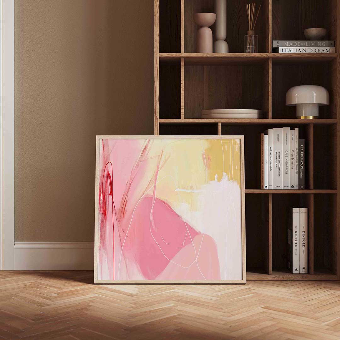 Abstracte roze en gele – vierkante wanddecoratie met kleur en vorm van WallArtistic