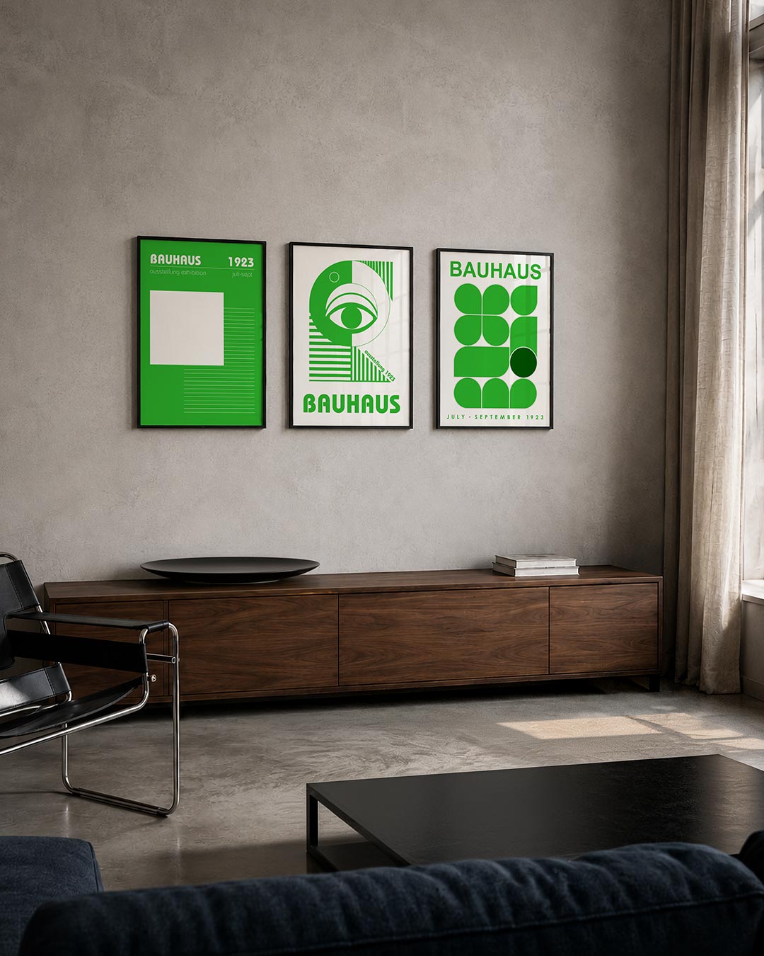 Lijnen en vlakte driedelige posterset – een groene achtergrond met een groot wit vierkant links en fijne horizontale lijnen