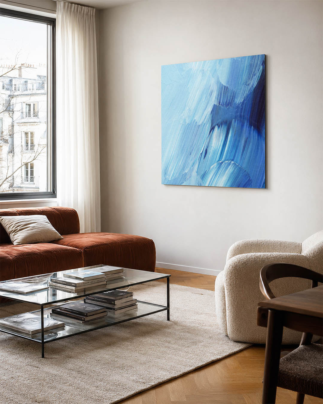 Dynamische blauwe beweging kunstwerk – vierkante wanddecoratie – dit werk toont vloeiende penseelstreken in verschillende