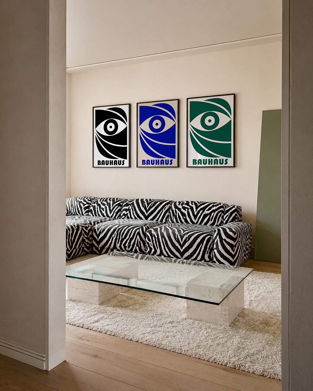Oog en lijnen posterset – tweede productweergave – zwart-wit compositie met een centraal oog omringd door vloeiende lijnen.