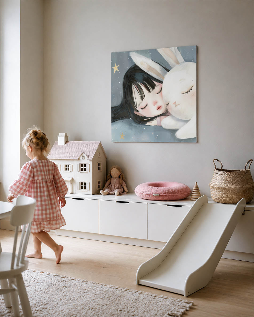 Dromerig kind en konijn kunstwerk – tweede productweergave – dit kunstwerk toont een slapend kind naast een konijn, omgeven
