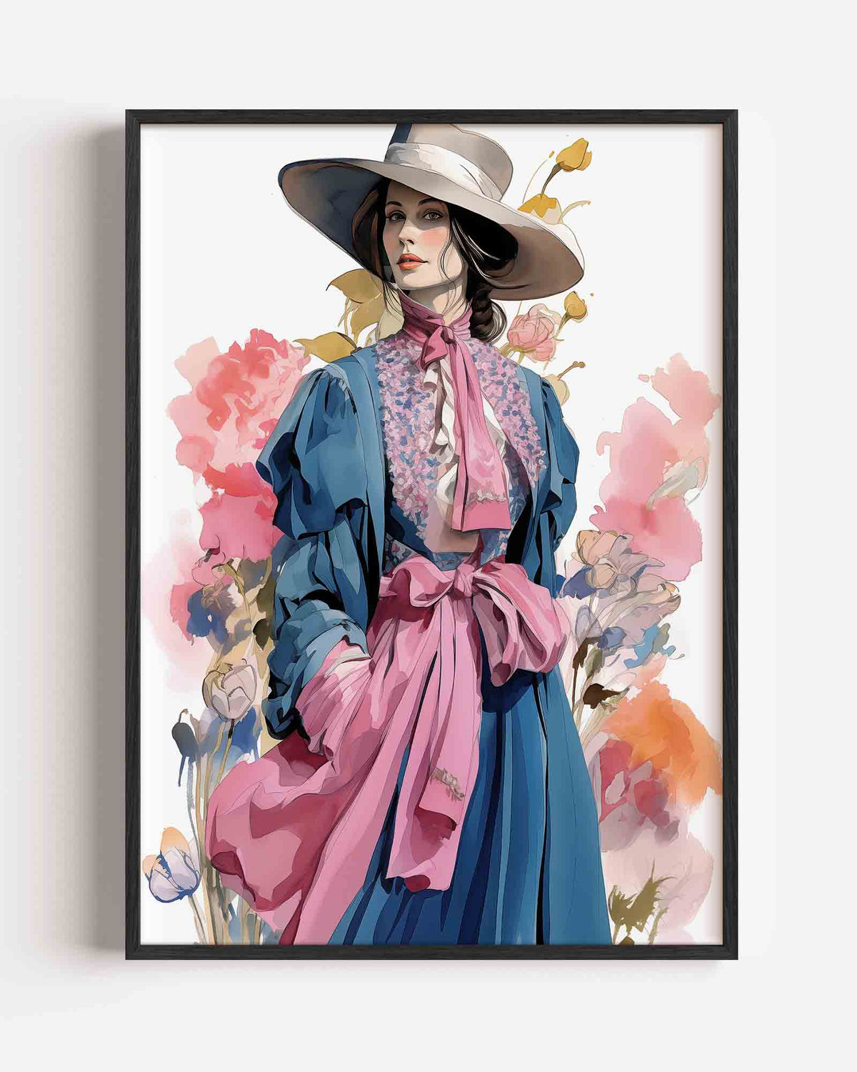 Vrouw met hoed en bloemen – botanische portret poster als wanddecoratie