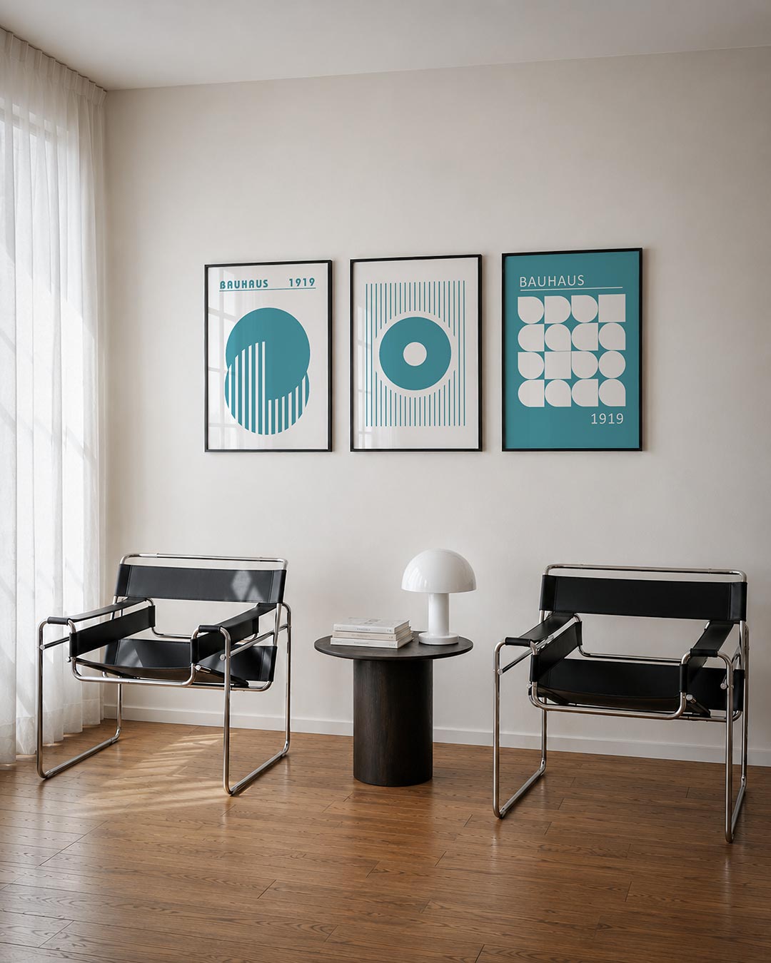 Cirkel en strepen posterset – derde productweergave – deze posterset in drie delen toont een grote blauwe cirkel met