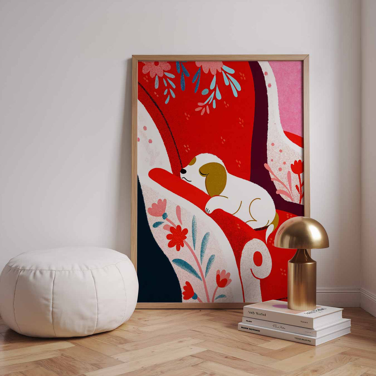 Schattige Puppy op Rode Fauteuil – dieren poster in staand formaat