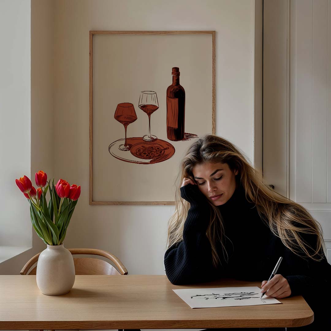 Stijlvolle Wijn en Dineer – culinaire wandkunst als portret poster