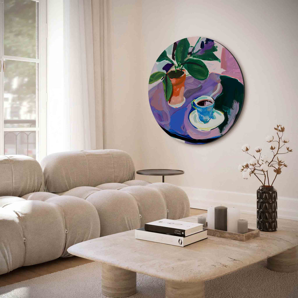 Plant en kopje – muurcirkel met abstracte texturen voor aan de muur