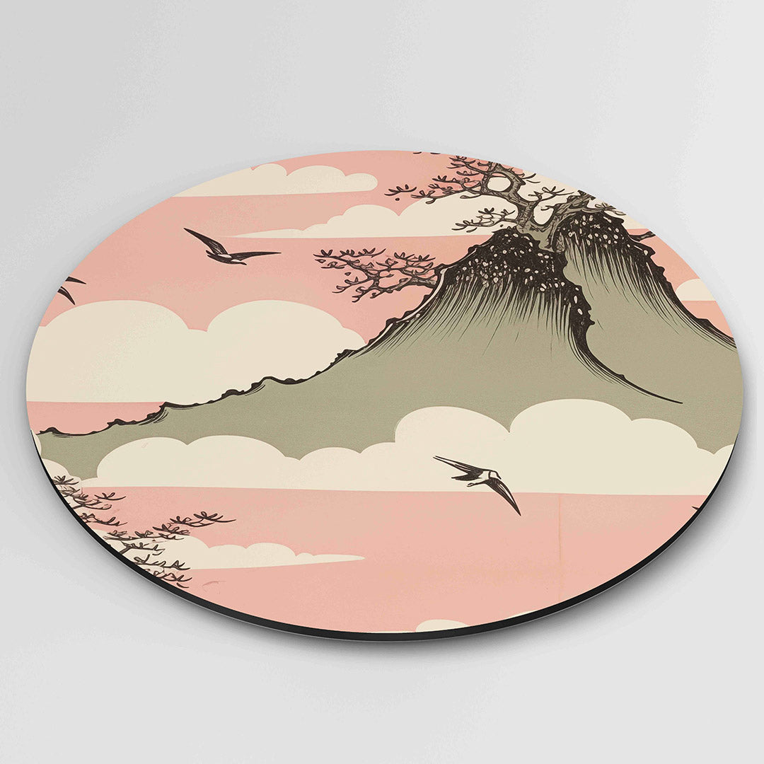 Vogels en berg – ronde wanddecoratie met abstract ontwerp