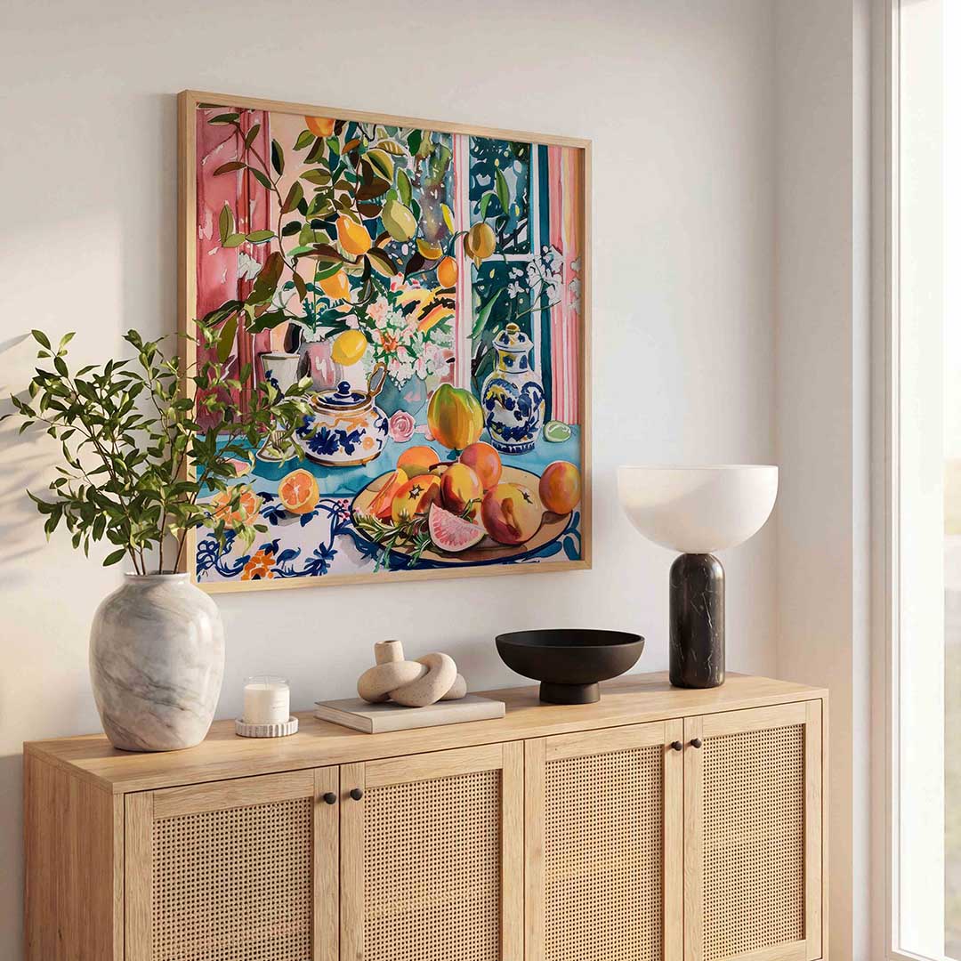 Fruit en servies – illustratie poster in vierkant formaat