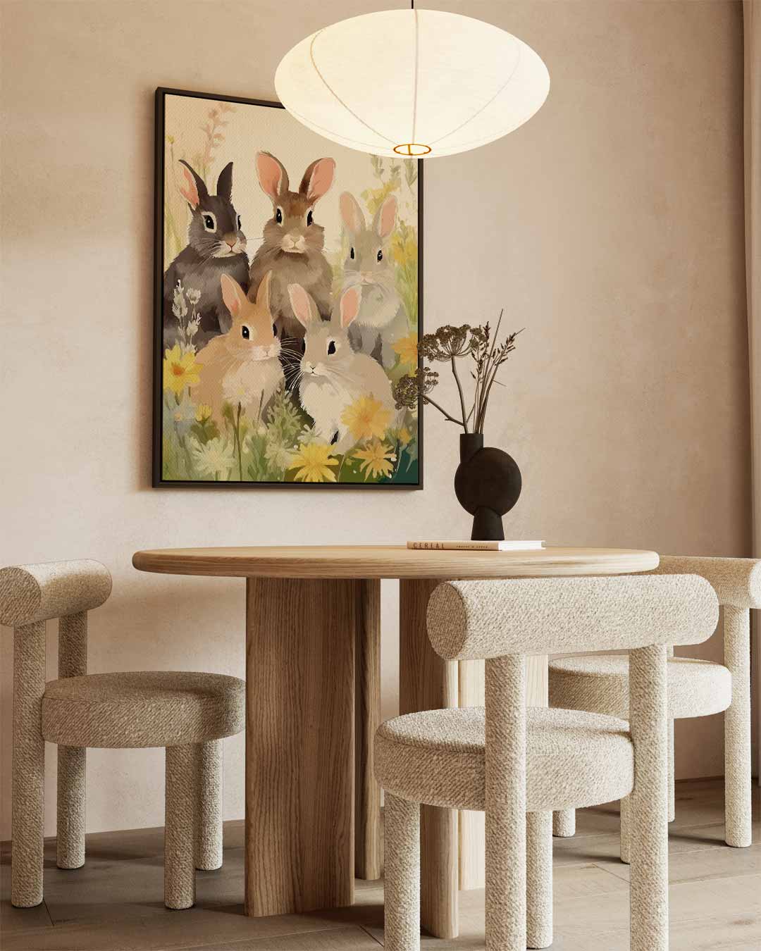 Konijnen in Bloemenveld – staand kunstwerk voor modern interieur