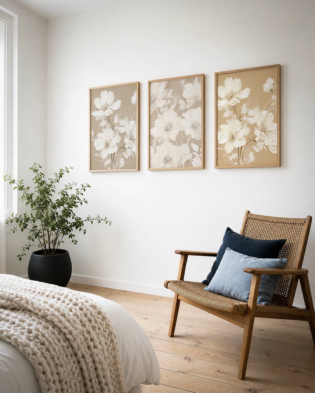 Bloemrijke zachttekening – deze posterset in drie delen toont delicate witte bloemen op een zachte beige – weergave 4