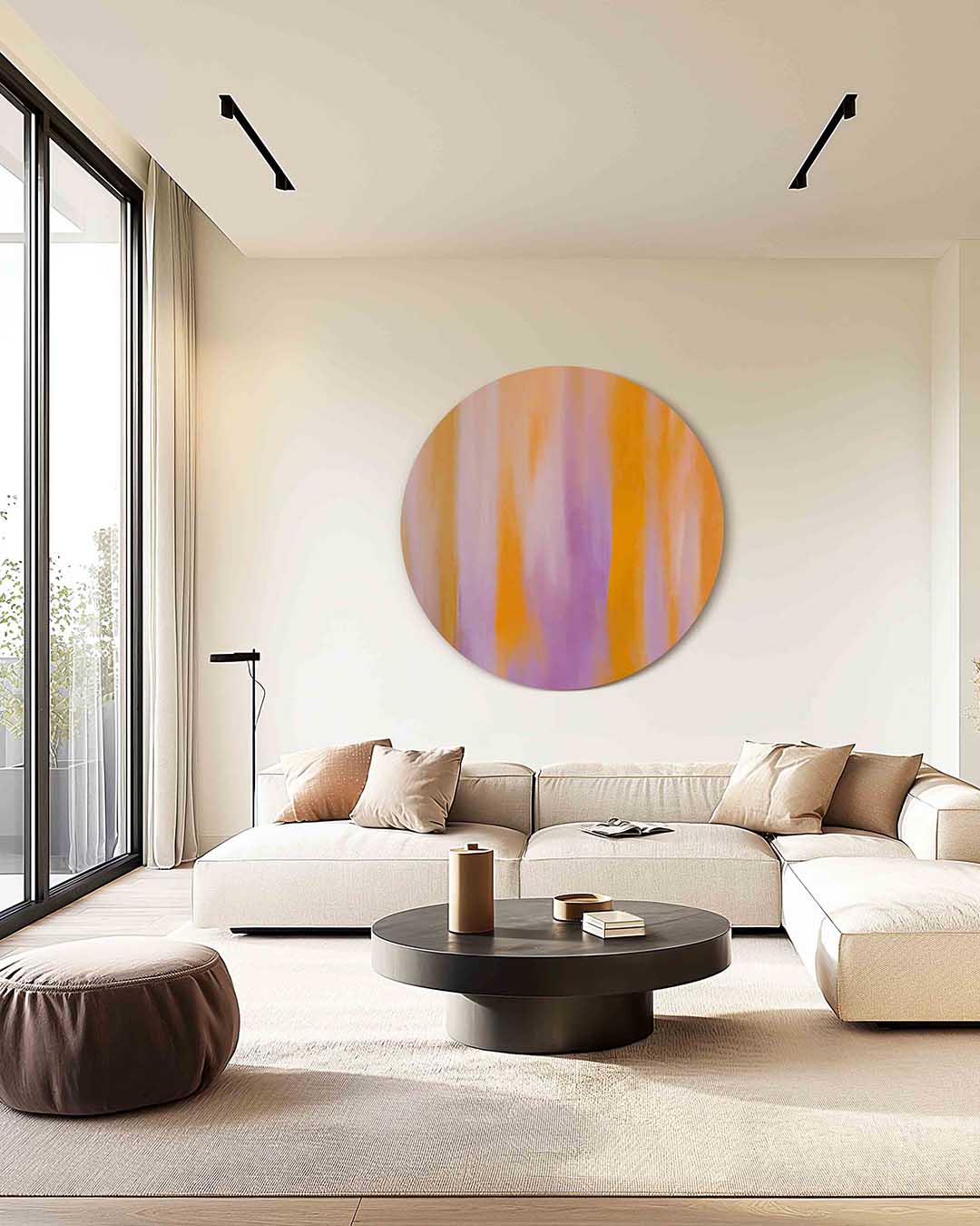 Oranje en paarse – kleurrijke muurcirkel als ronde wanddecoratie
