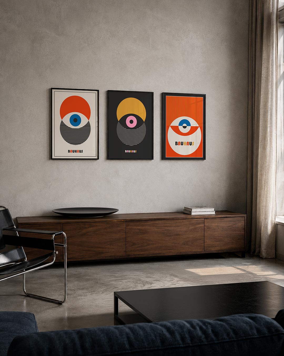 Cirkel en strepen posterset – tweede productweergave – deze posterset in drie delen toont een levendig spel van cirkels en
