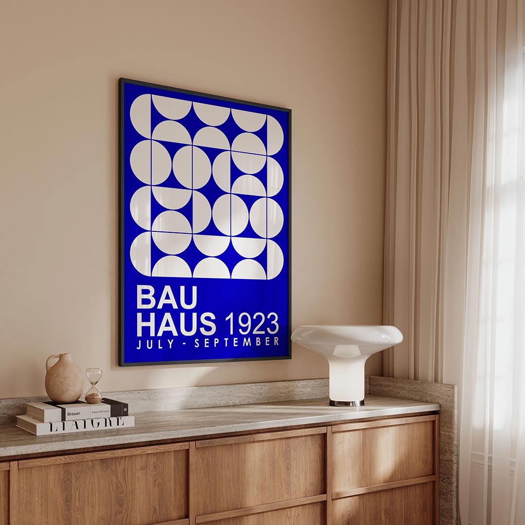 Cirkelpatroon blauw – geometrische Bauhaus poster in staand formaat