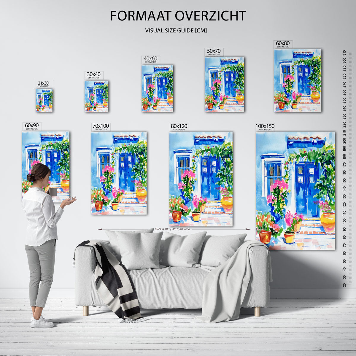 Blauwe deur en bloemen – staande muurposter met kleurrijke illustratie