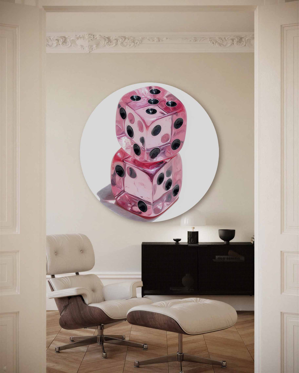 Roze dobbelstenen – kleurrijke Pop Art muurcirkel voor aan de muur