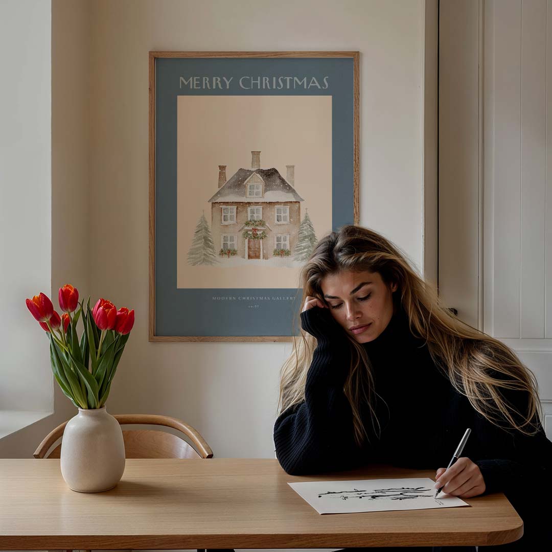 Knusse Kerstposter met Sneeuwhuisje – feestelijke wandkunst als portret poster