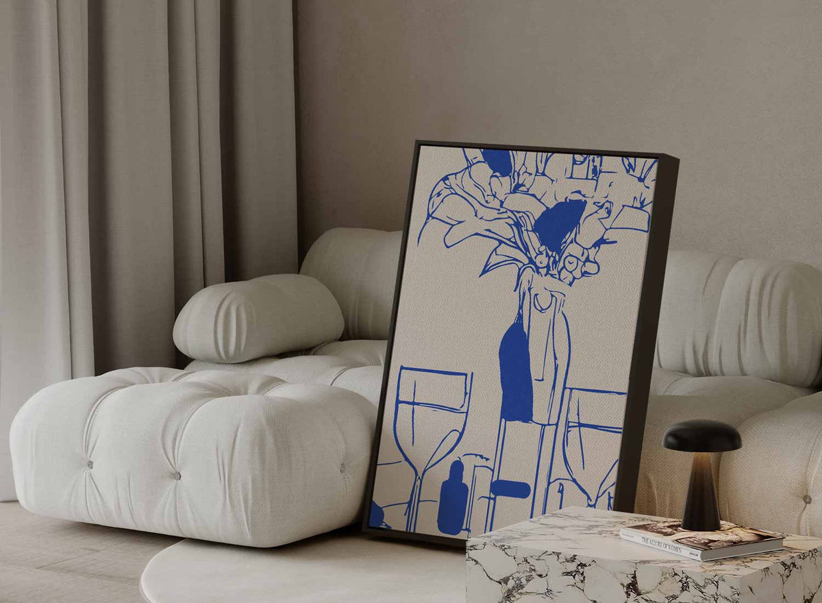 Moderne Tafelsetting in Blauwe Lijntekening – plexiglas wanddecoratie in portret formaat
