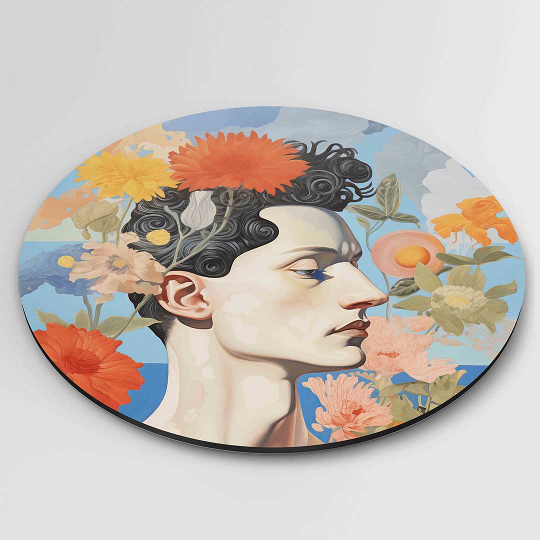 Portret met bloemen – ronde textuur wanddecoratie van WallArtistic