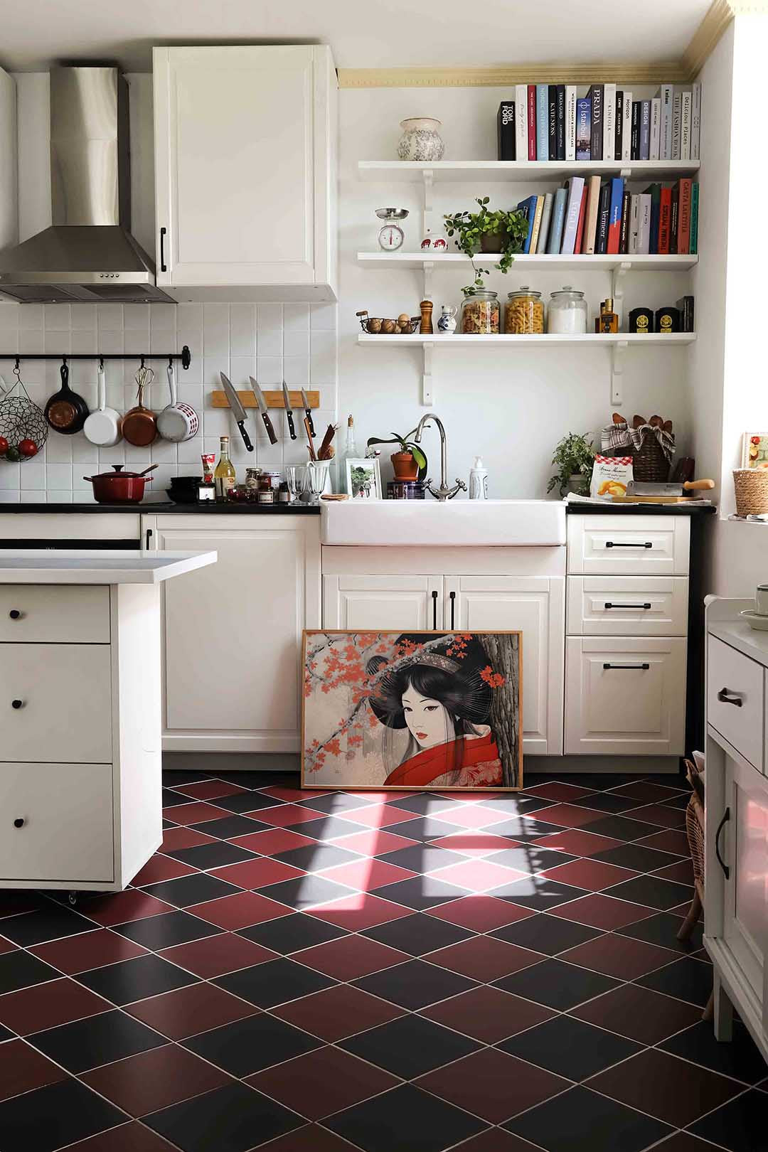 Vrouw met bloemen – liggende keuken wanddecoratie van WallArtistic