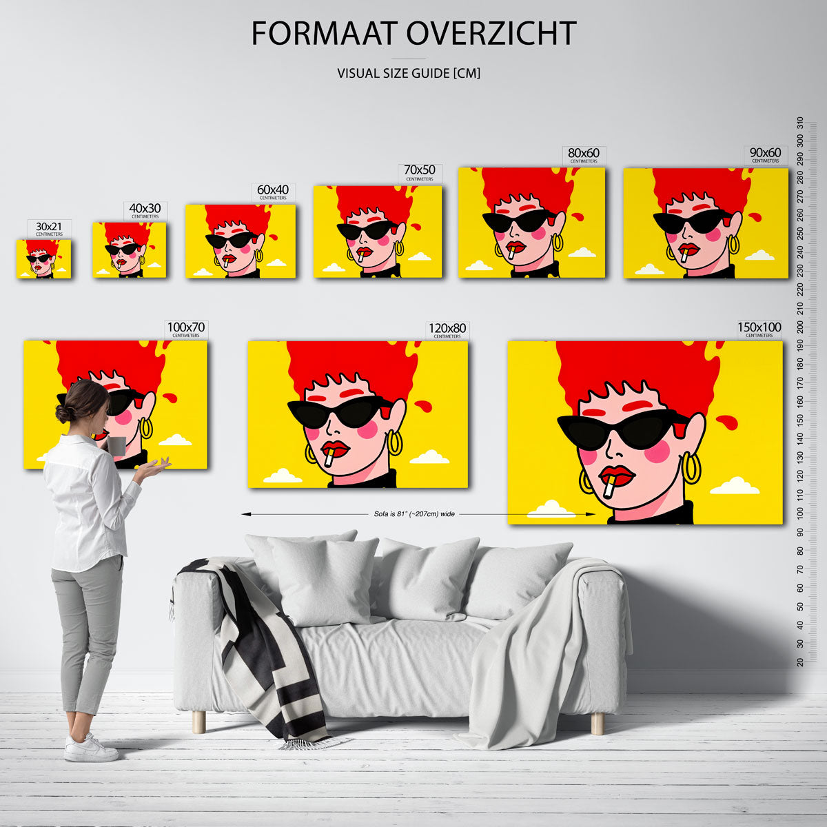 Vrouw met zonnebril – liggende muurposter voor een modern interieur