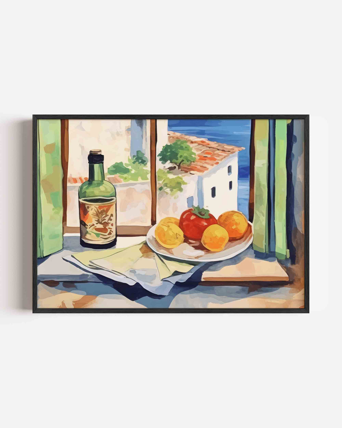 Fruit en fles bij raam – keuken landscape poster als wanddecoratie