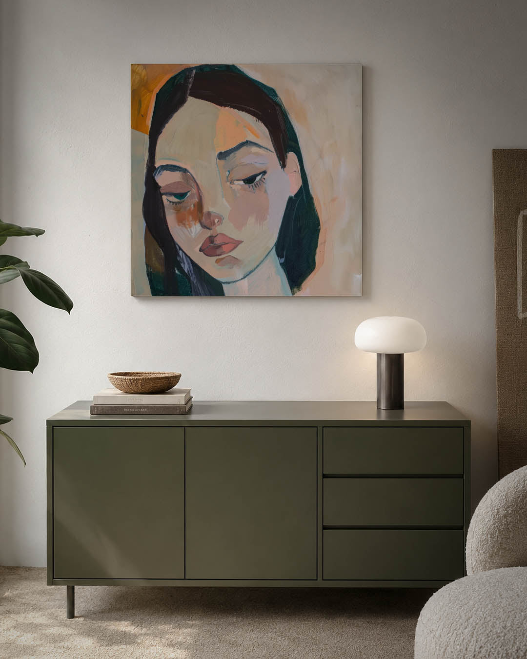 Portretstudie kunstwerk – detailweergave – dit werk toont een portret met gedurfde penseelstreken en zachte kleuren. De