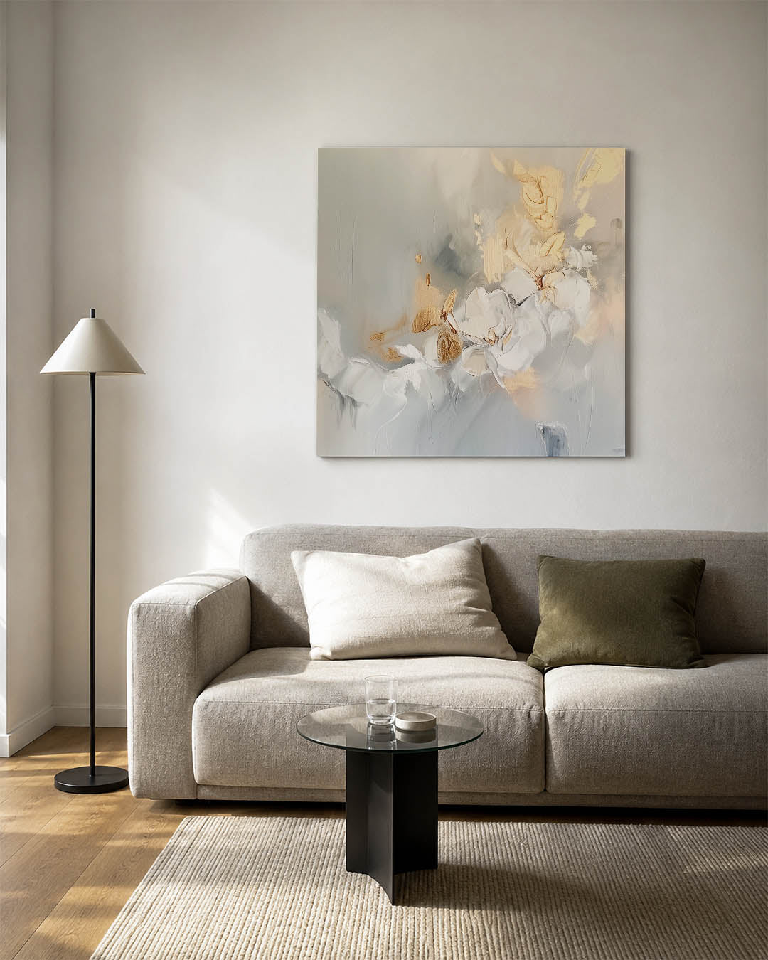 Organische bloemvormen kunstwerk – vierkante wanddecoratie – dit werk toont vloeiende bloemvormen in zachte tinten. De