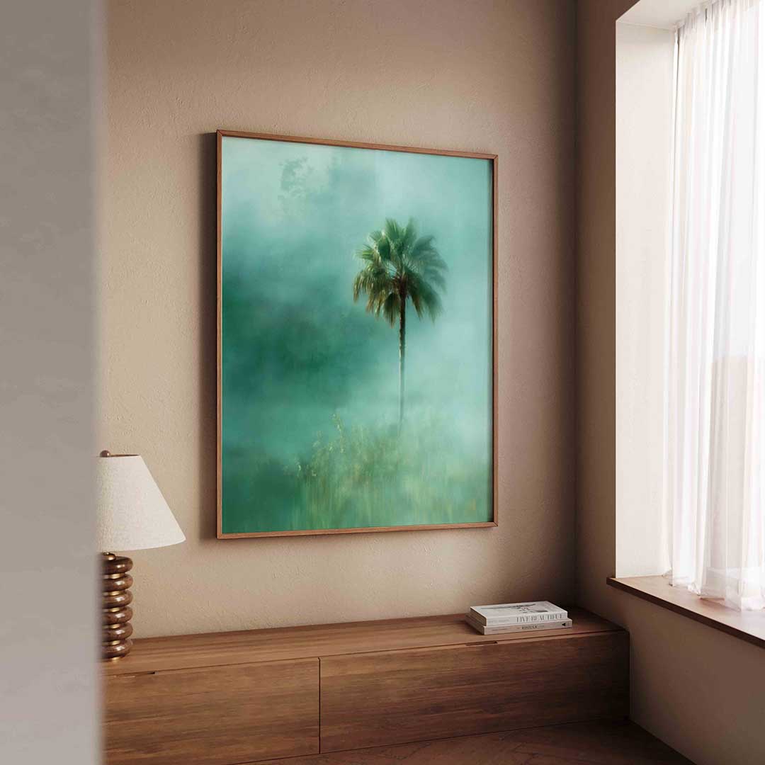 Palmboom in mist – tropische wandkunst als portret poster