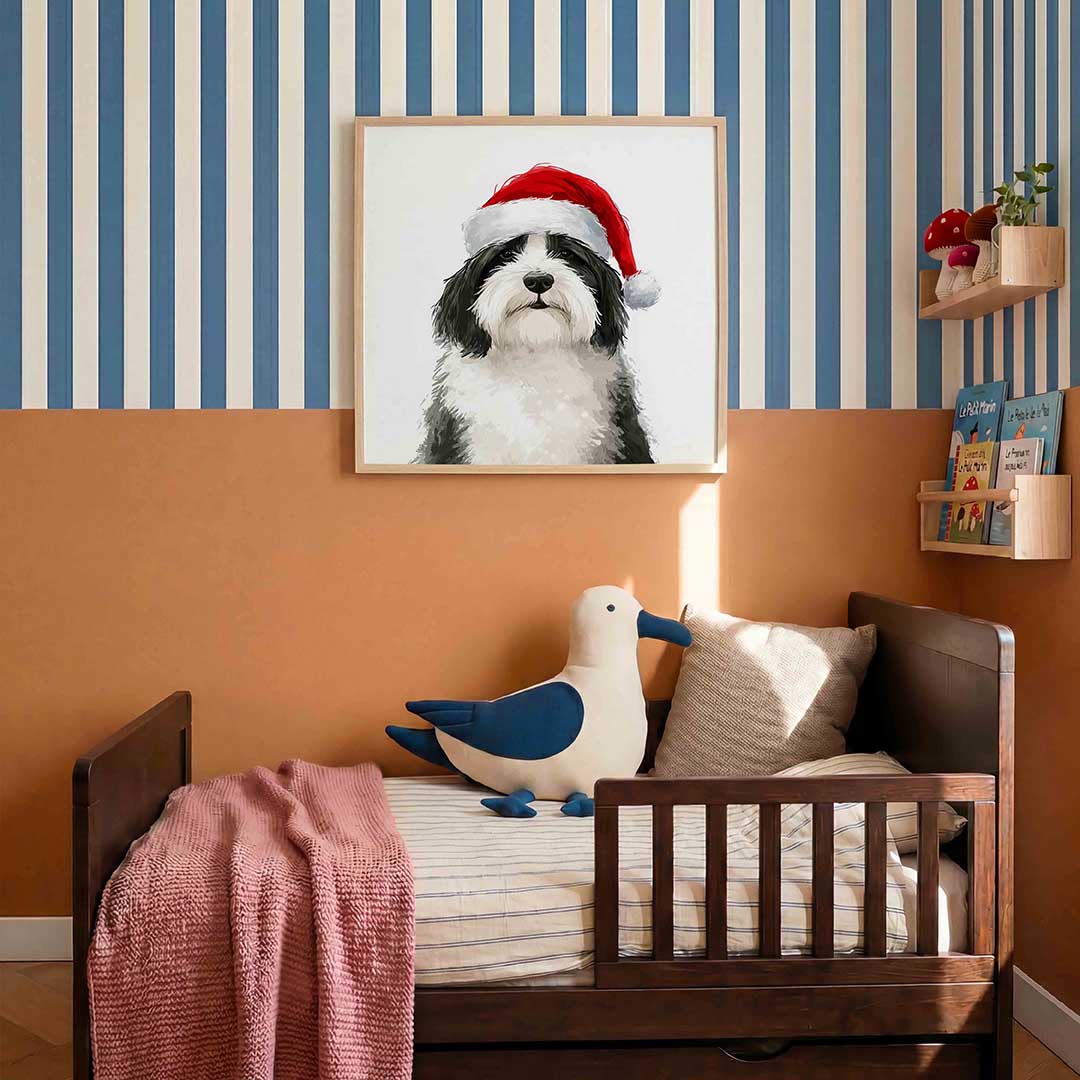 Hond met kerstmuts – kids poster in vierkant formaat