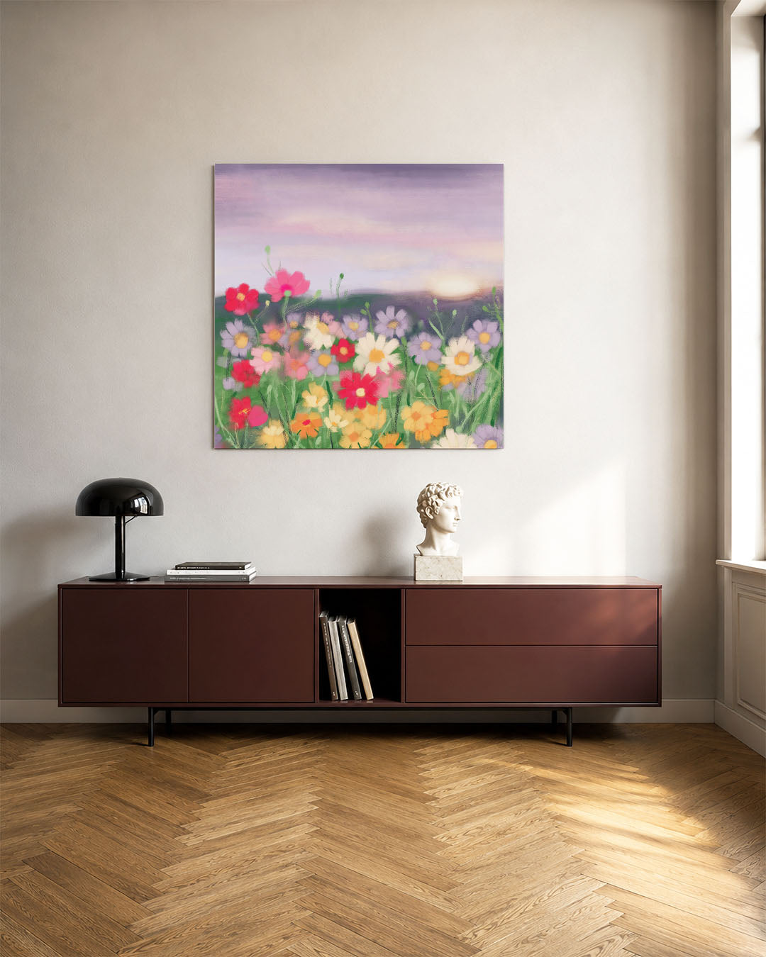 Bloemenveld bij zonsondergang kunstwerk – tweede productweergave – dit werk toont een kleurrijk bloemenveld met een zachte