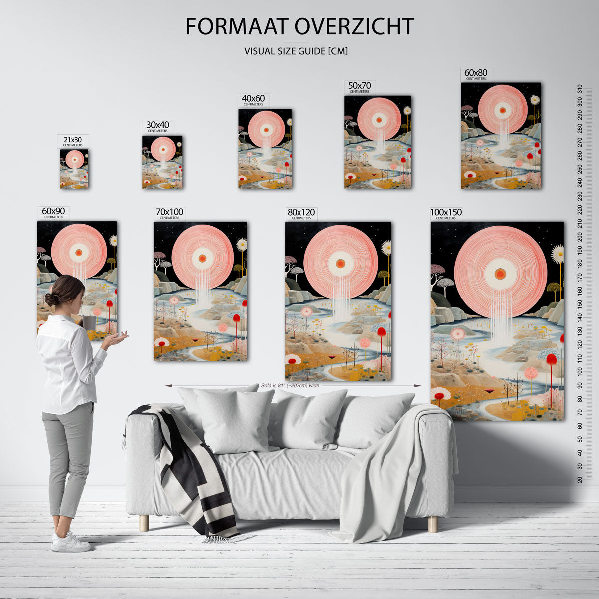 Landschap met grote roze cirkel – staande muurposter met surrealistische uitstraling