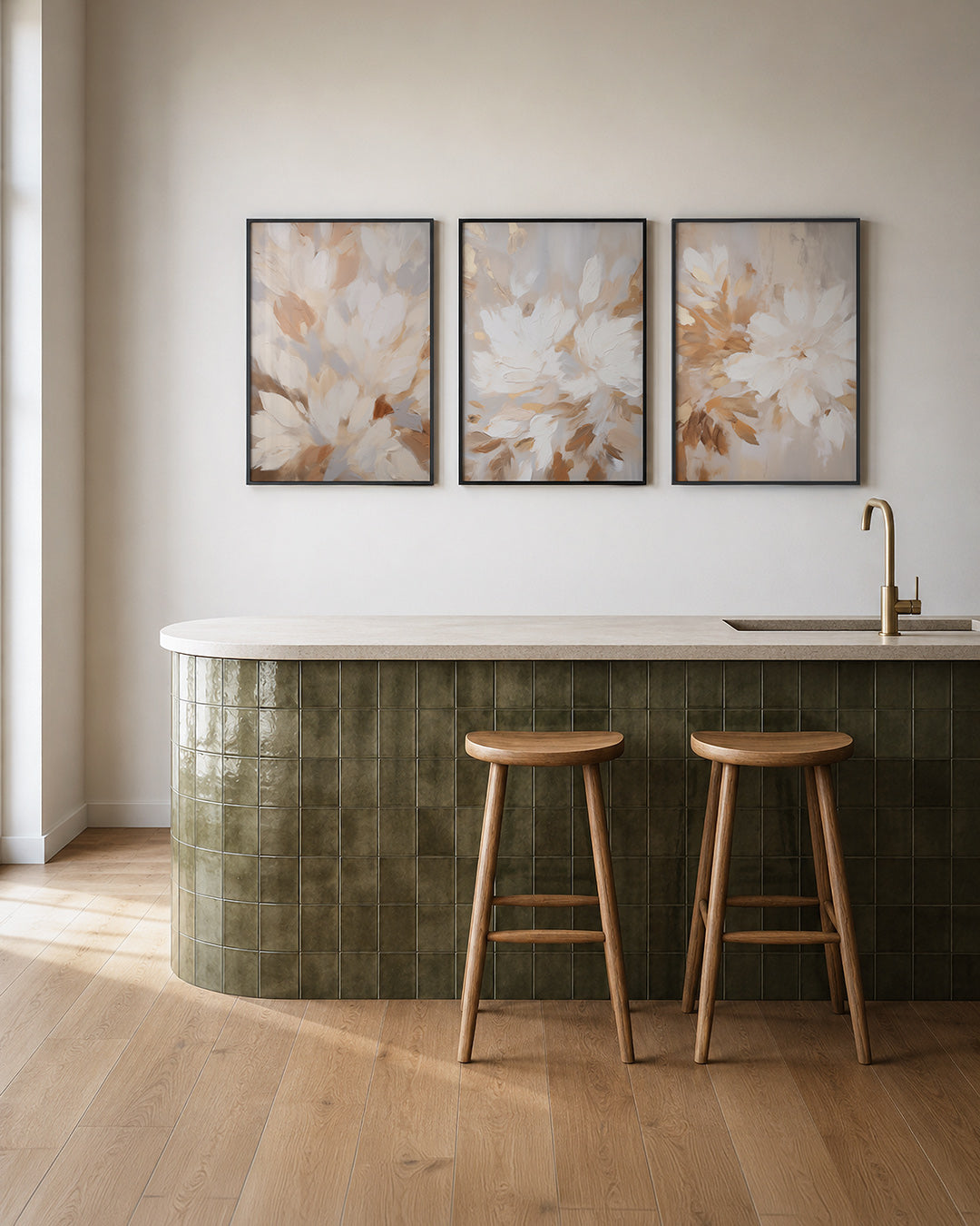 Zachte kleurvlakken – deze posterset in drie delen toont vloeiende vormen in warme beige en witte – weergave 2