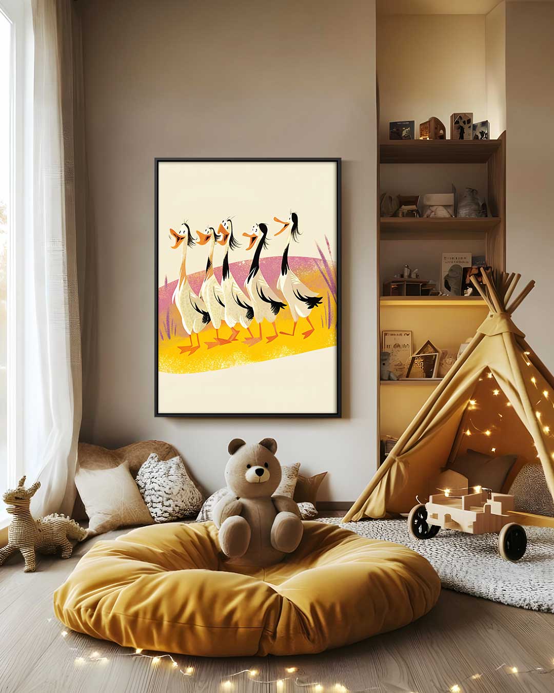 Vrolijke Ganzen Parade – canvas wanddecoratie in portret formaat