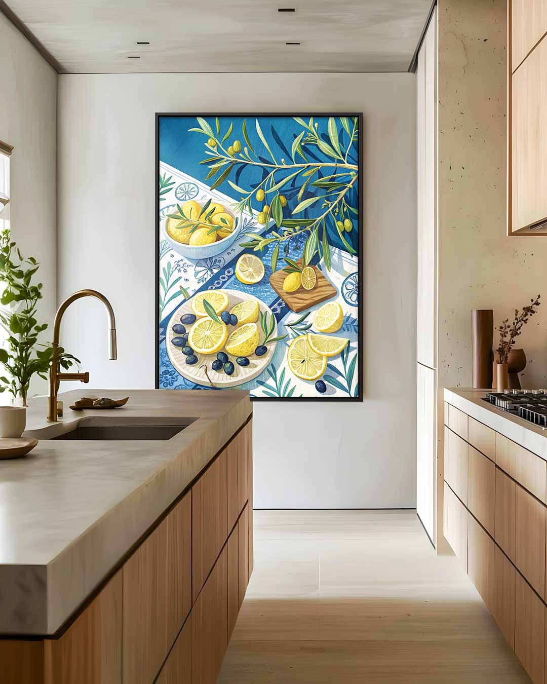 Zomerse Citroen en Olijven Tafelscène – staand kunstwerk voor modern interieur