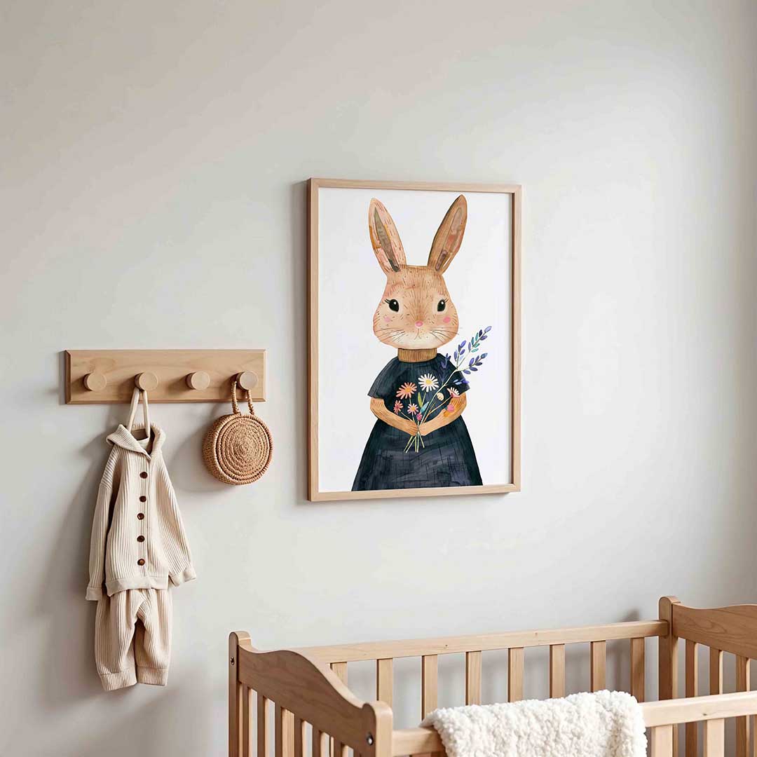 Konijn met bloemen – kinderposter in staand formaat