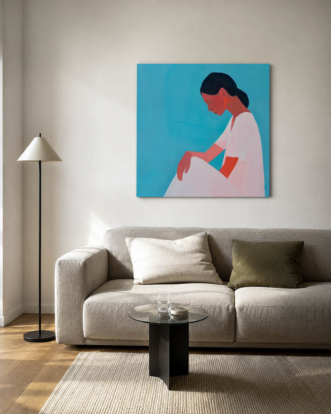 Vrouwelijke silhouet kunstwerk – vierkante wanddecoratie – dit werk toont een vrouw in profiel tegen een blauwe achtergrond.