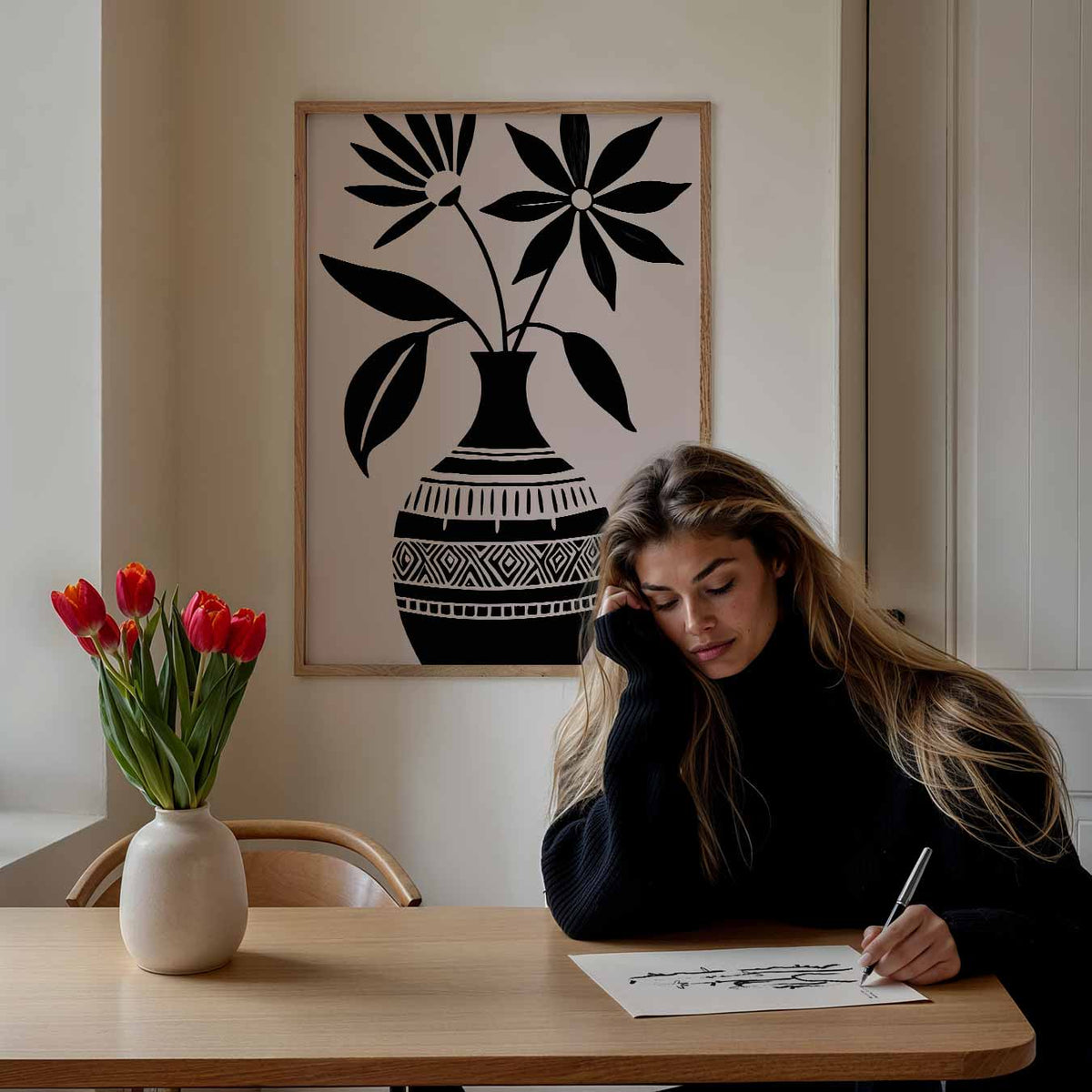 Bloemenvazen Silhouet – bloemen poster als moderne staande wanddecoratie
