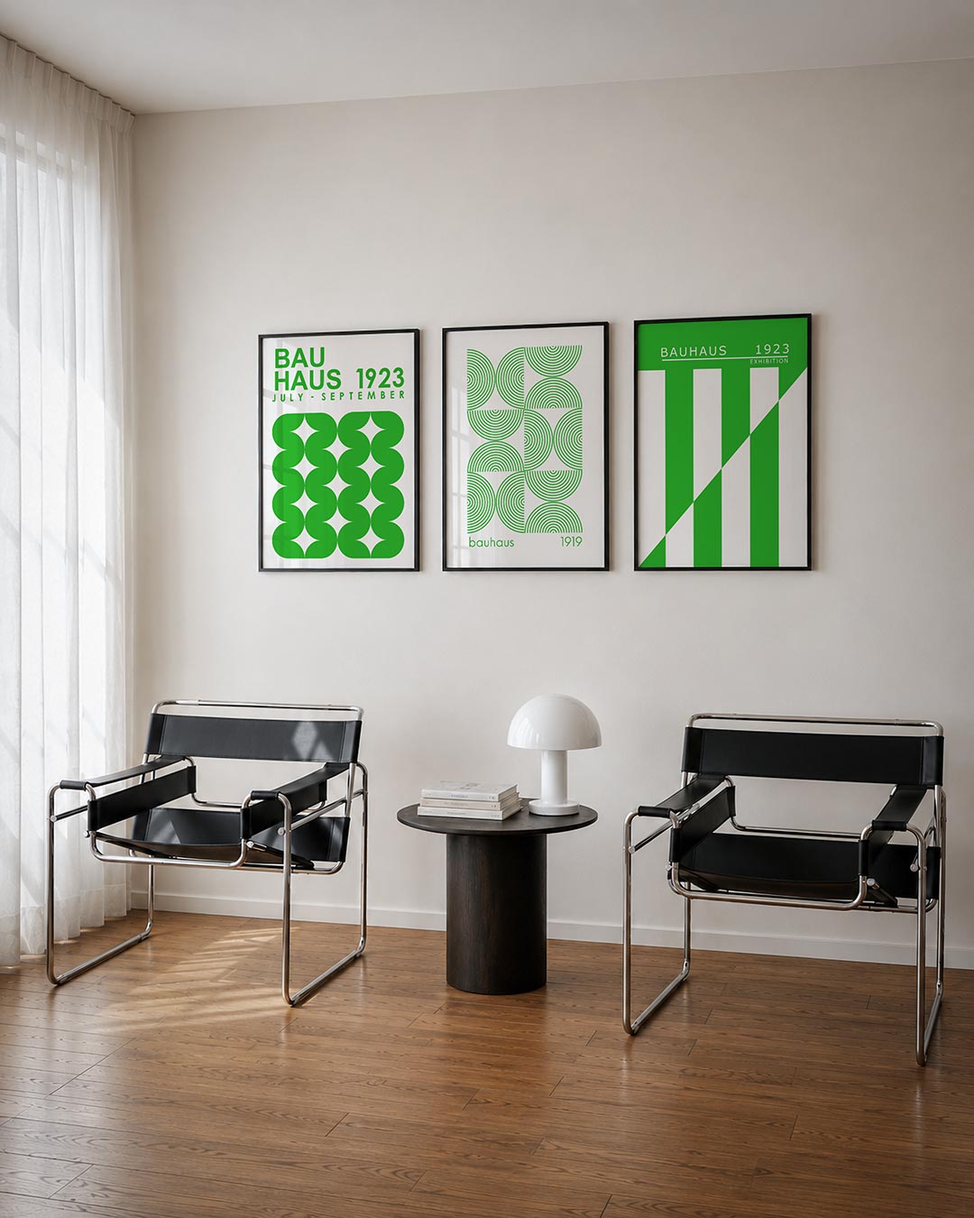 Groene vormpatronen posterset – tweede productweergave – deze posterset in drie delen toont een speels lijnenspel van groene