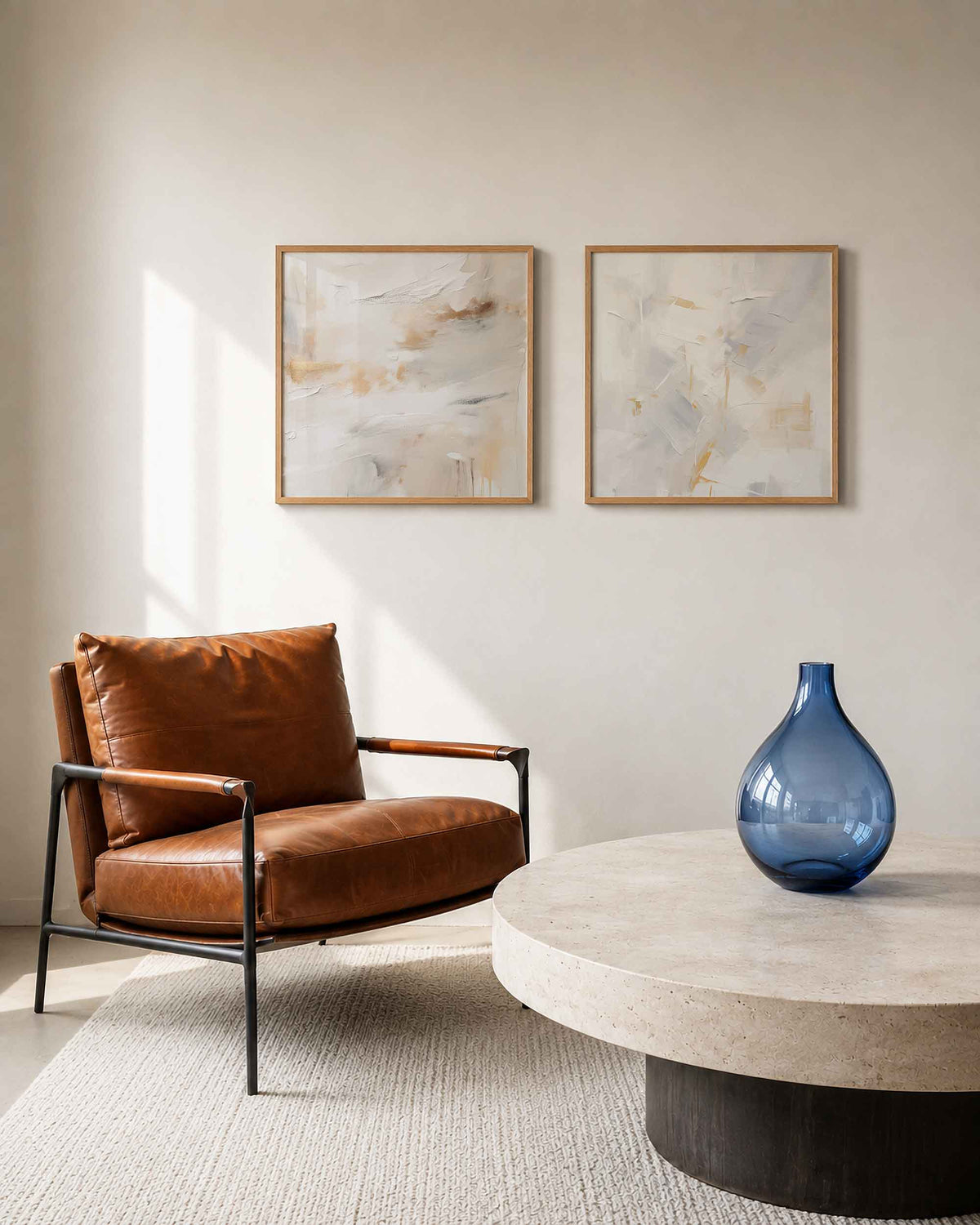 Interieurpresentatie van een tweedelige vierkante posterset met lichte abstracte vormen