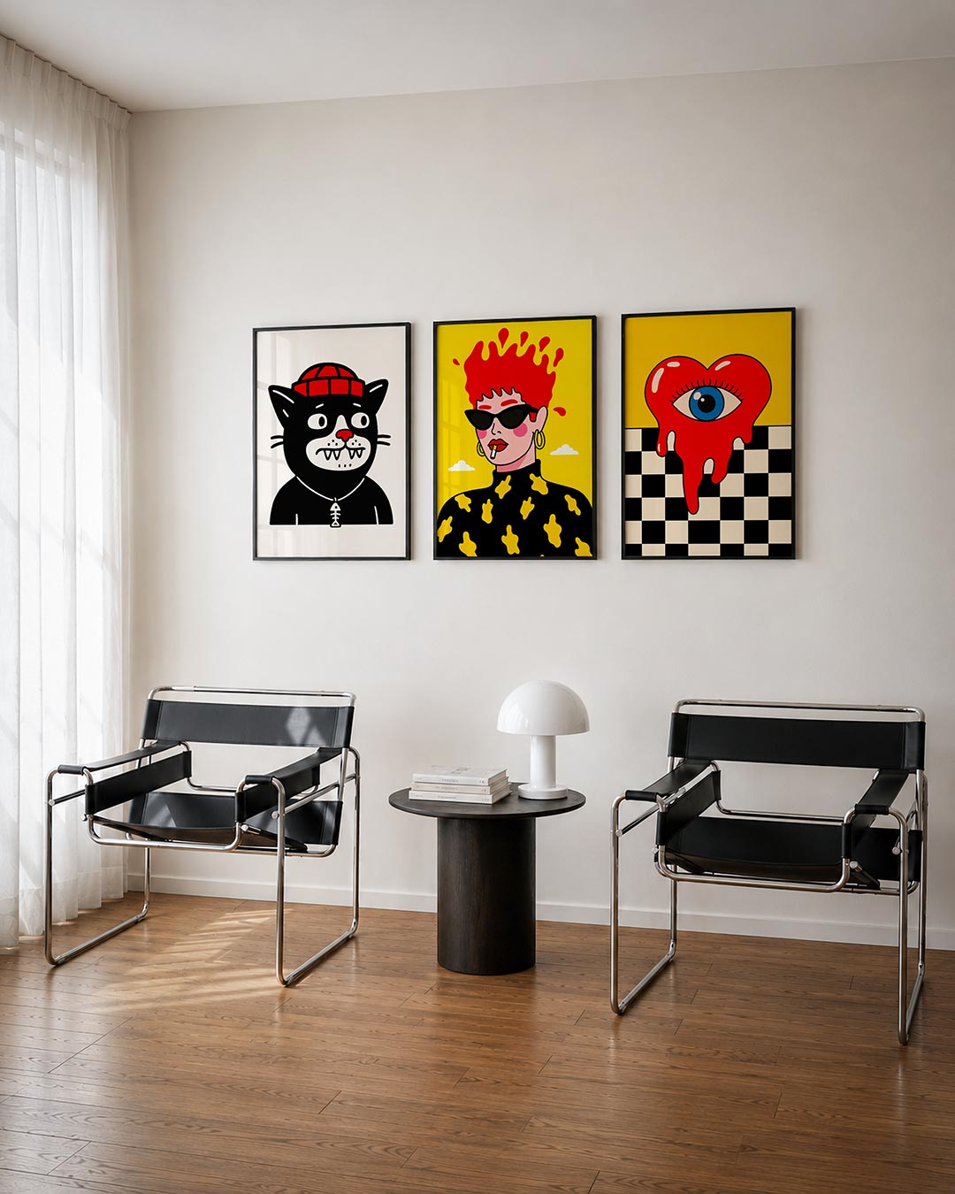 Kleurrijke kat driedelige posterset – een speelse kat met een rode muts en een visgraatketting