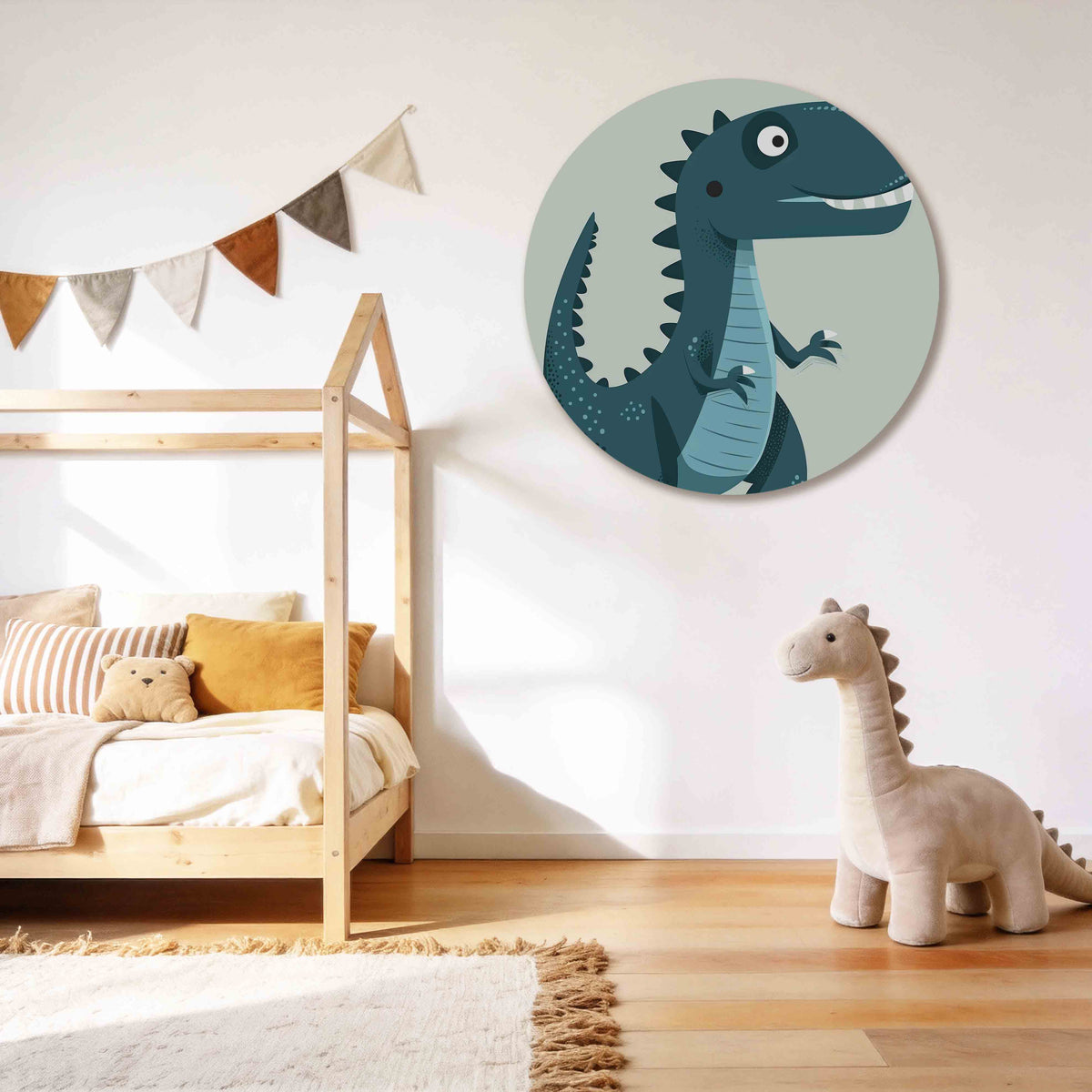 Dinosaurus illustratie Muurcirkel – tweede productweergave – Een dinosaurus met een blauwe tint en witte accenten.