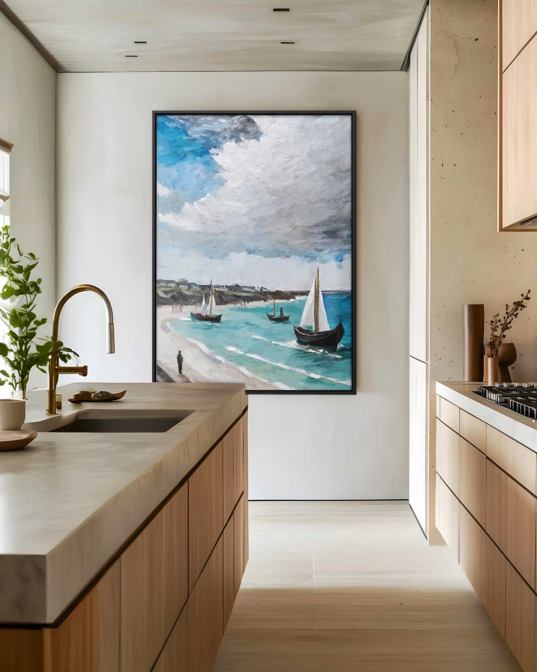 Zeezicht met Vissersboten – canvas wanddecoratie in portret formaat