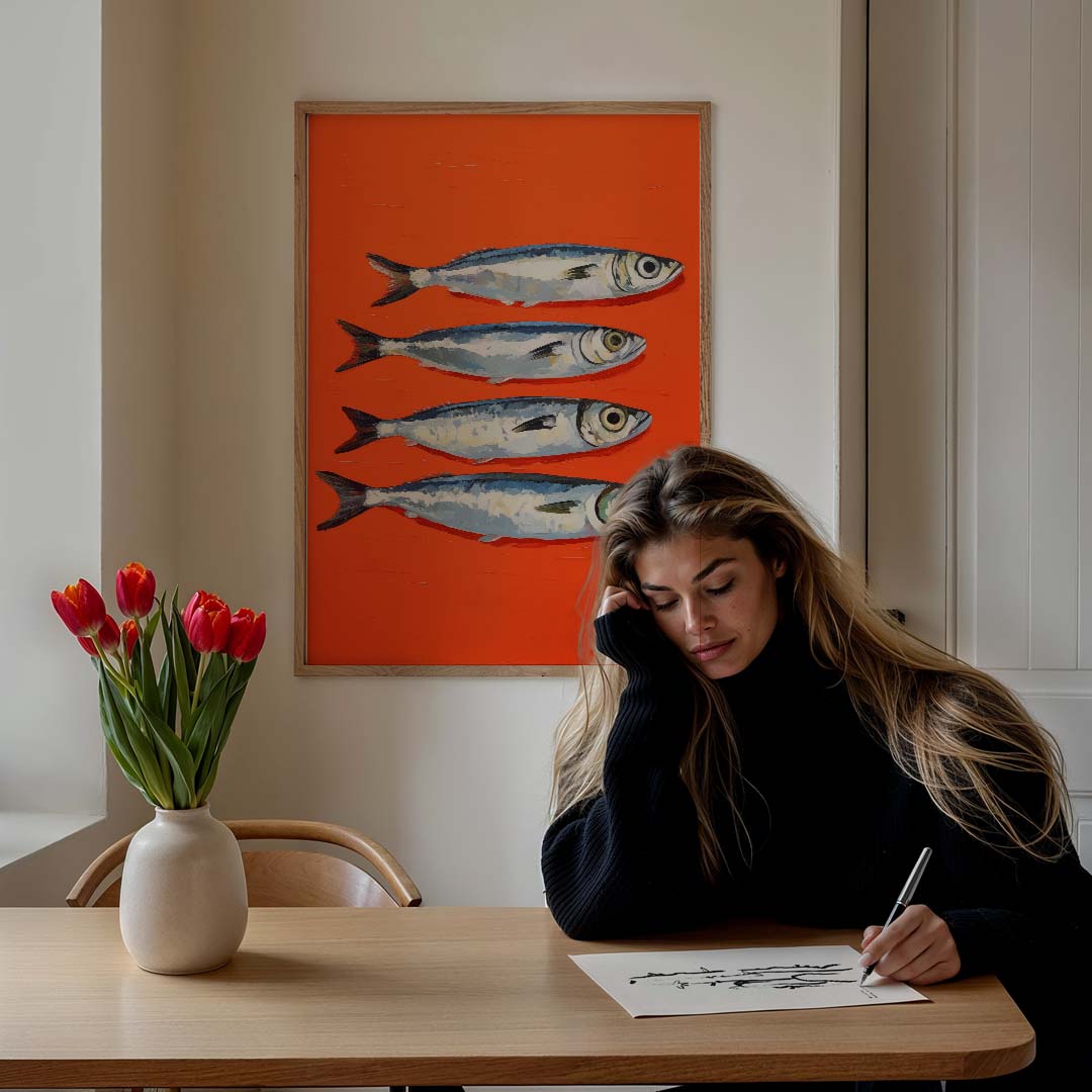 Vier Visjes op een Rijk Oranje Canvas – culinaire wandkunst als portret poster