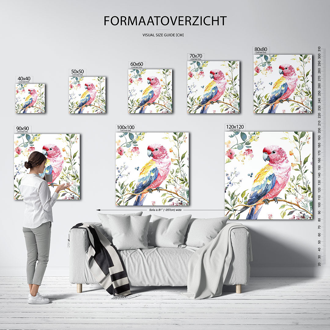 Vrolijke vogel illustratie kunstwerk – dit werk toont een kleurrijke vogel omringd door delicate bloemen en bladeren. De