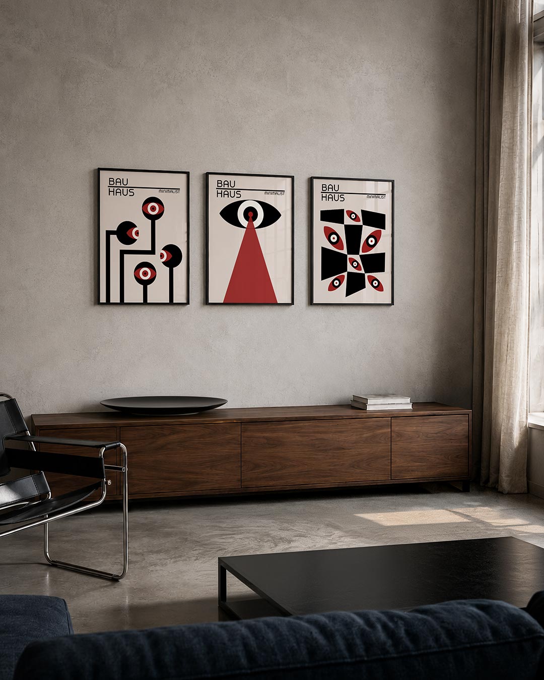 Oogvormen en lijnen posterset – tweede productweergave – deze posterset in drie delen toont een spel van zwarte lijnen en