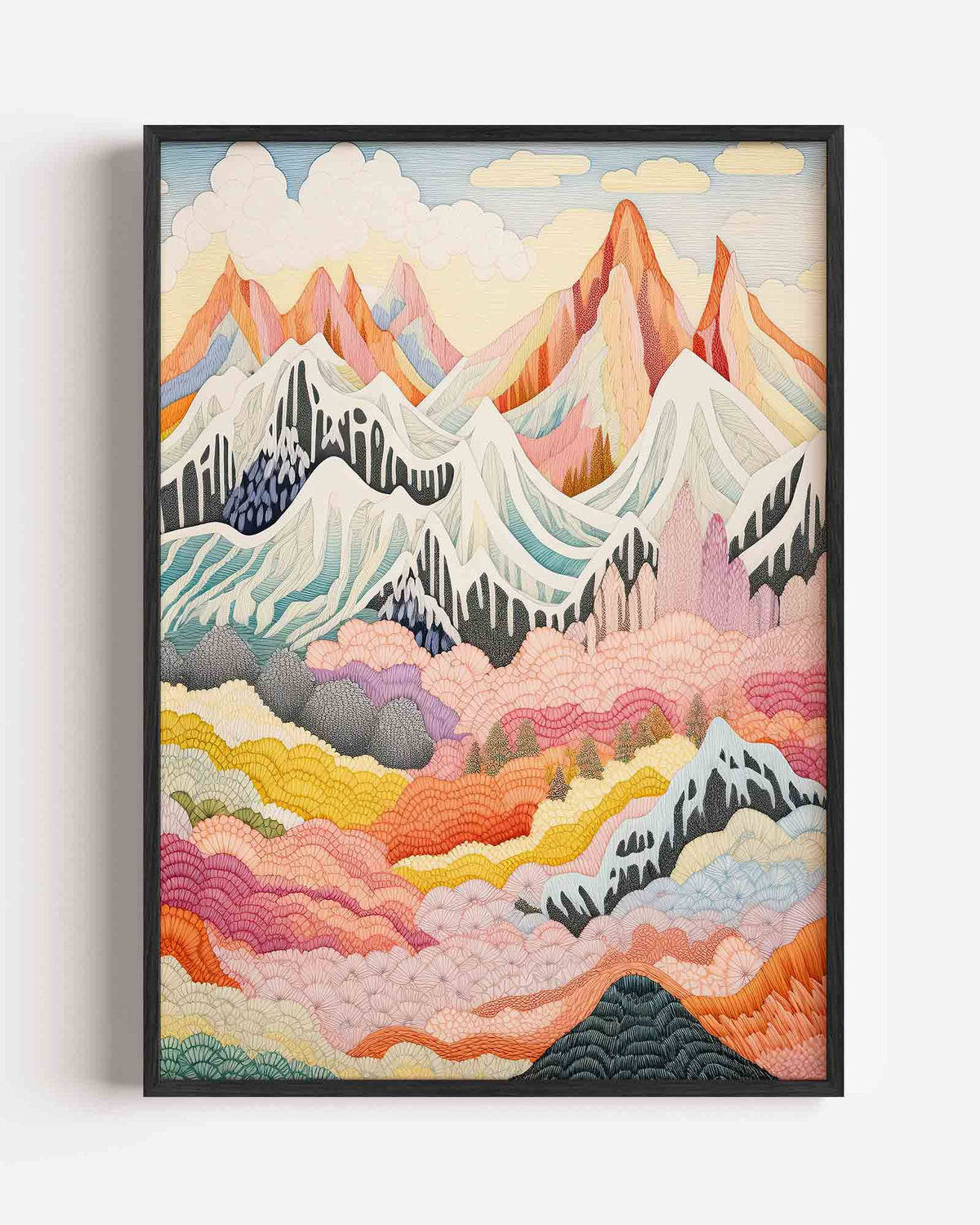 Berglandschap met kleurrijke patronen – kleurrijke illustratie portret poster als wanddecoratie